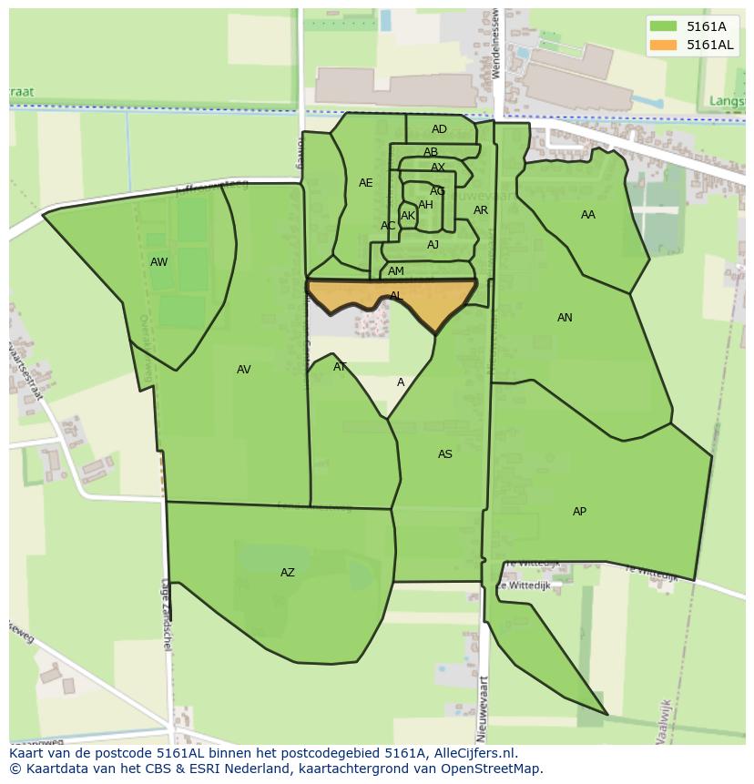 Afbeelding van het postcodegebied 5161 AL op de kaart.
