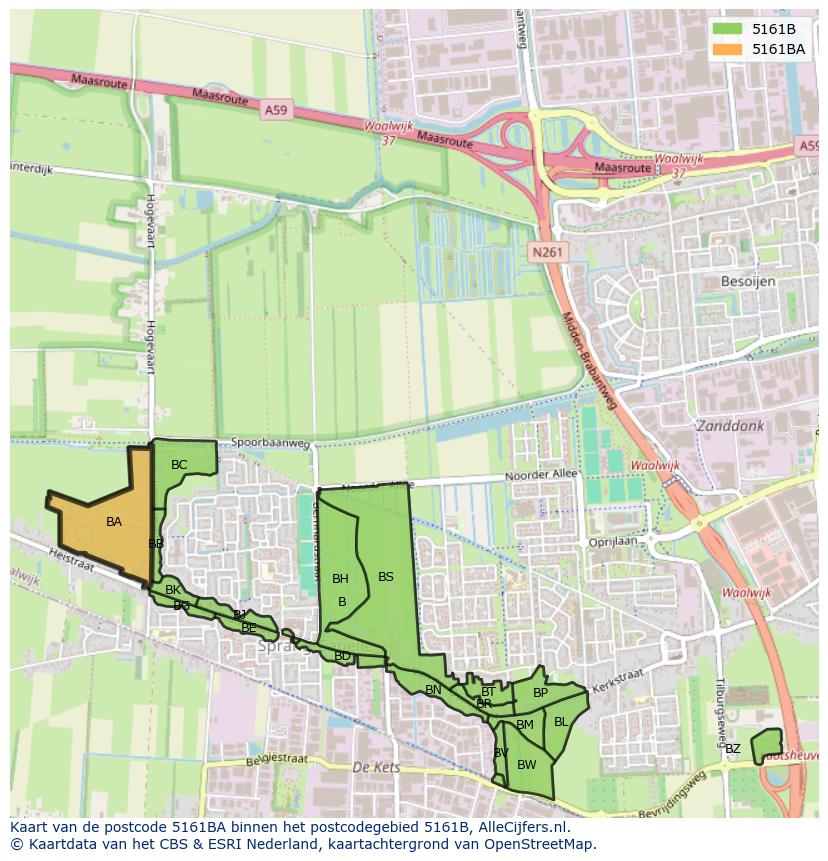 Afbeelding van het postcodegebied 5161 BA op de kaart.