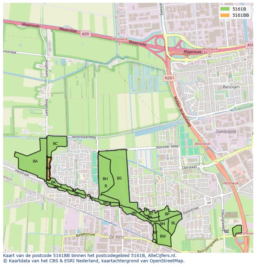 Afbeelding van het postcodegebied 5161 BB op de kaart.