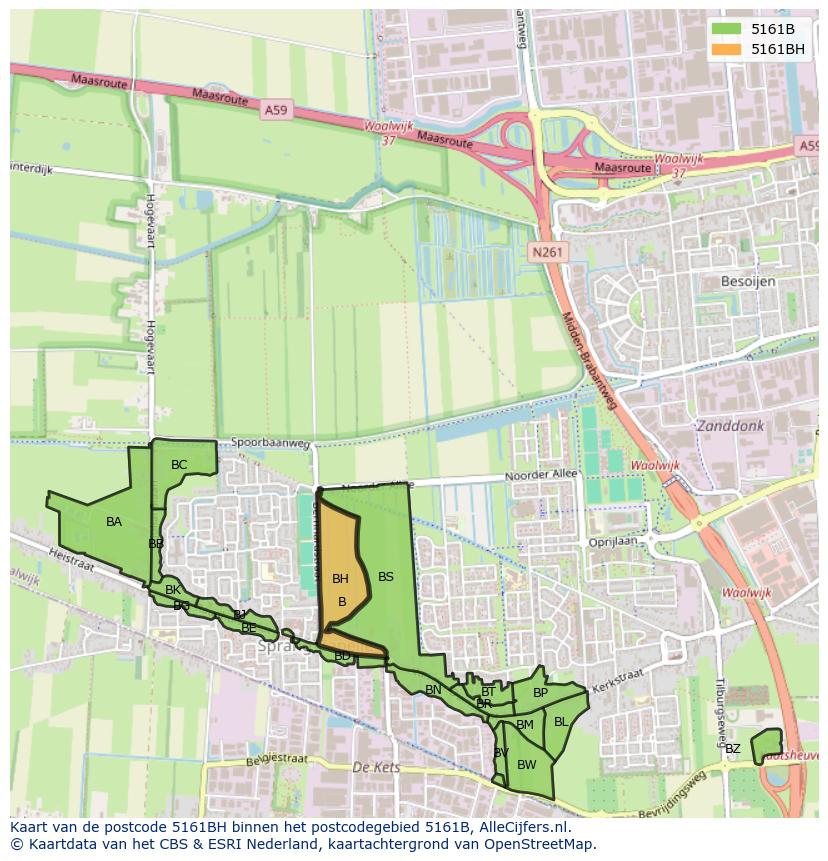 Afbeelding van het postcodegebied 5161 BH op de kaart.