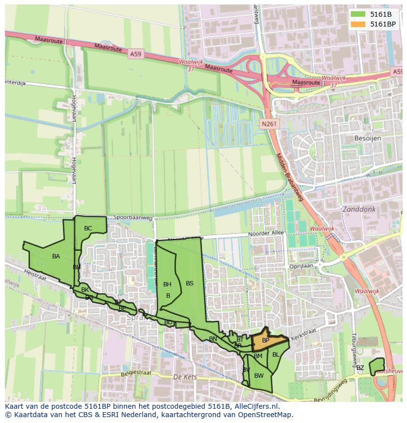 Afbeelding van het postcodegebied 5161 BP op de kaart.