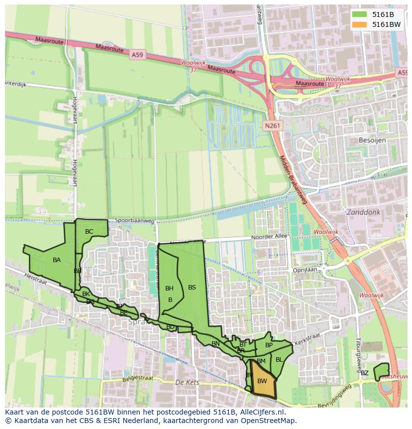 Afbeelding van het postcodegebied 5161 BW op de kaart.