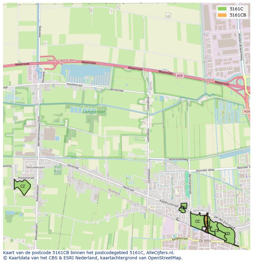 Afbeelding van het postcodegebied 5161 CB op de kaart.