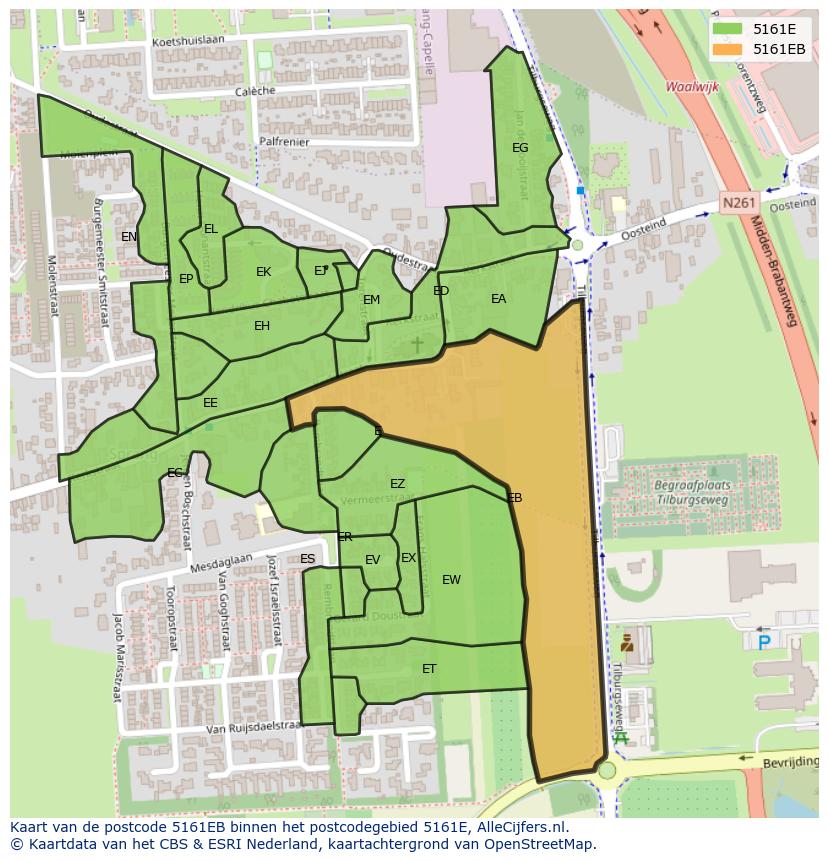 Afbeelding van het postcodegebied 5161 EB op de kaart.