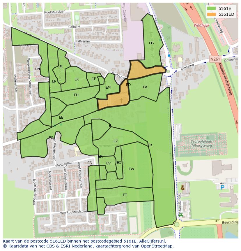Afbeelding van het postcodegebied 5161 ED op de kaart.