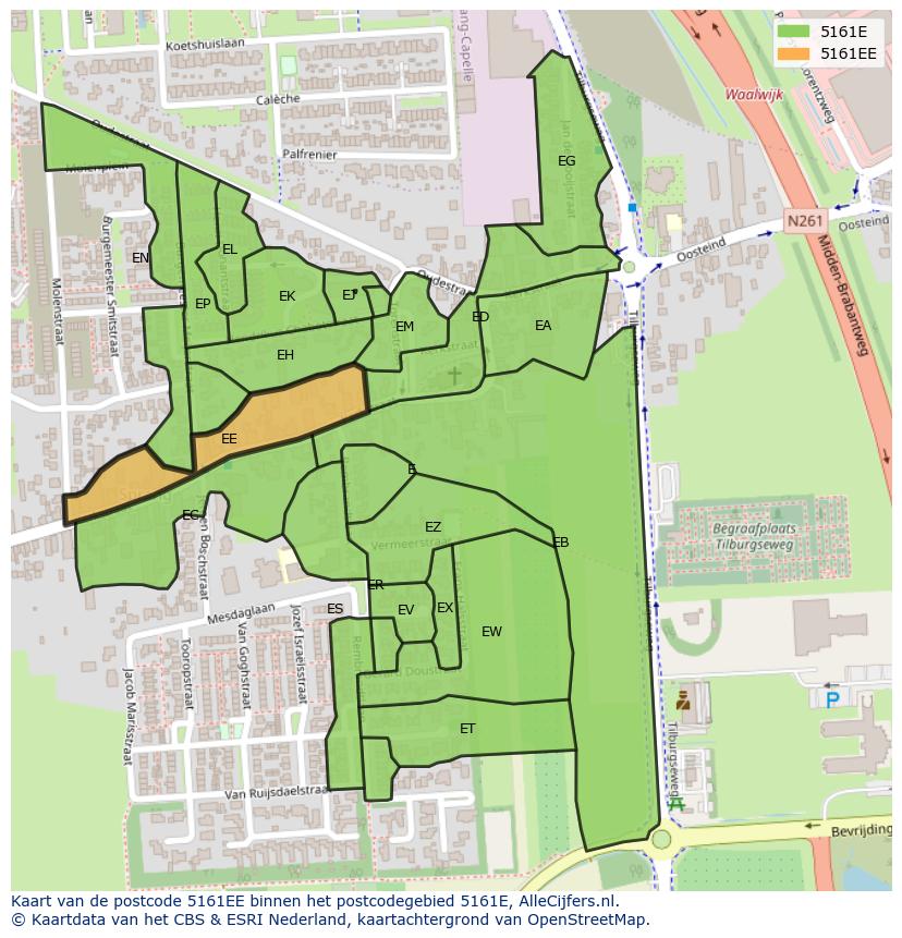 Afbeelding van het postcodegebied 5161 EE op de kaart.