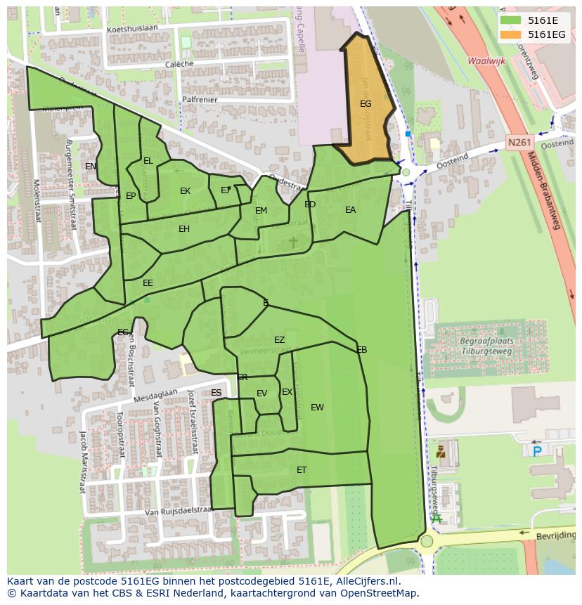 Afbeelding van het postcodegebied 5161 EG op de kaart.