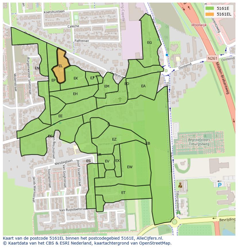 Afbeelding van het postcodegebied 5161 EL op de kaart.