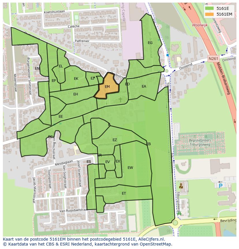 Afbeelding van het postcodegebied 5161 EM op de kaart.