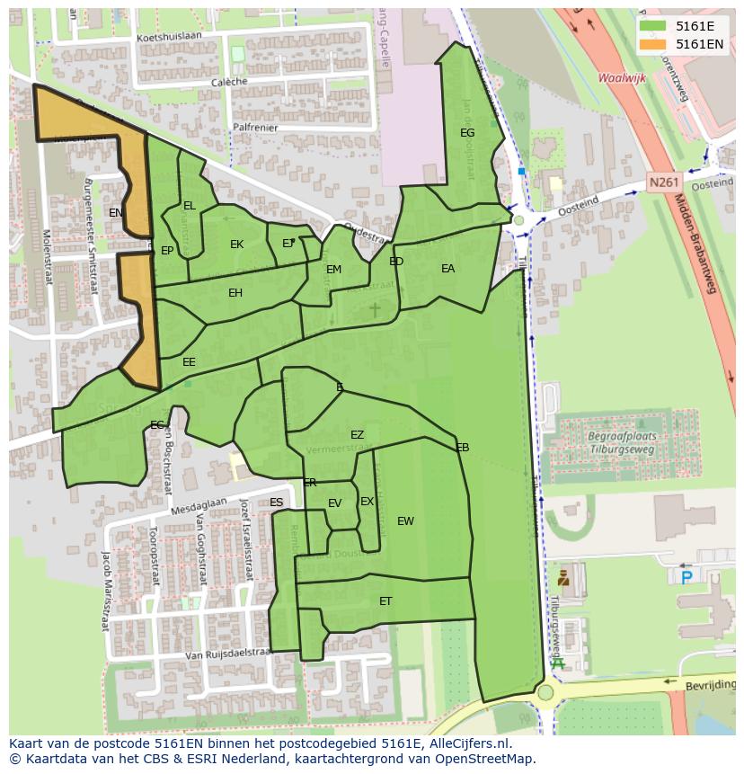 Afbeelding van het postcodegebied 5161 EN op de kaart.