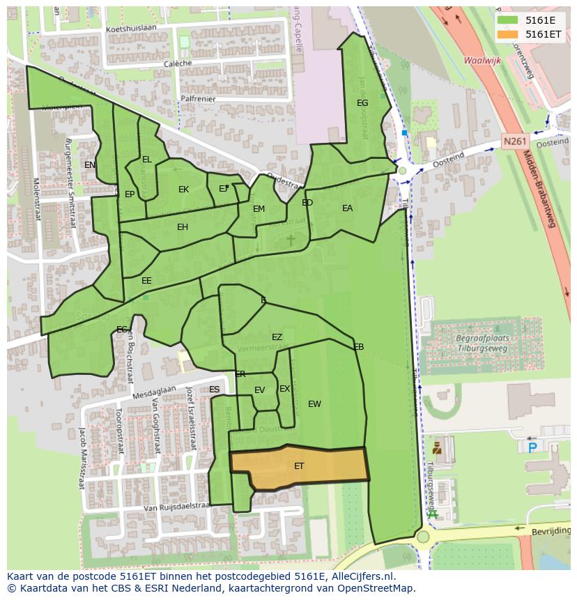 Afbeelding van het postcodegebied 5161 ET op de kaart.