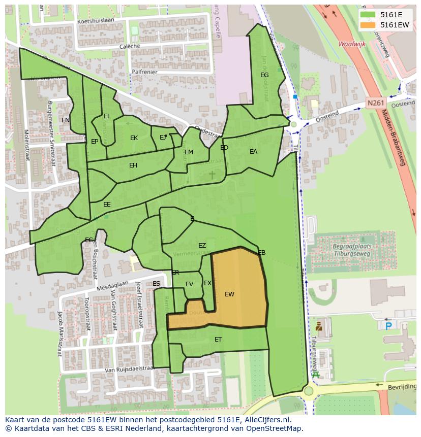 Afbeelding van het postcodegebied 5161 EW op de kaart.