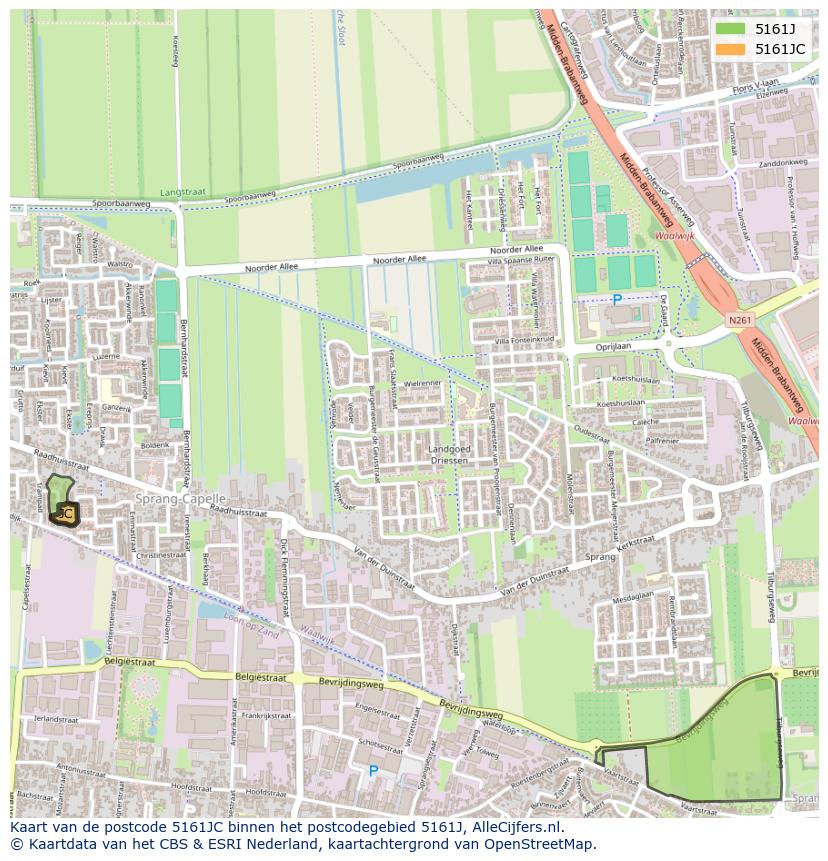 Afbeelding van het postcodegebied 5161 JC op de kaart.