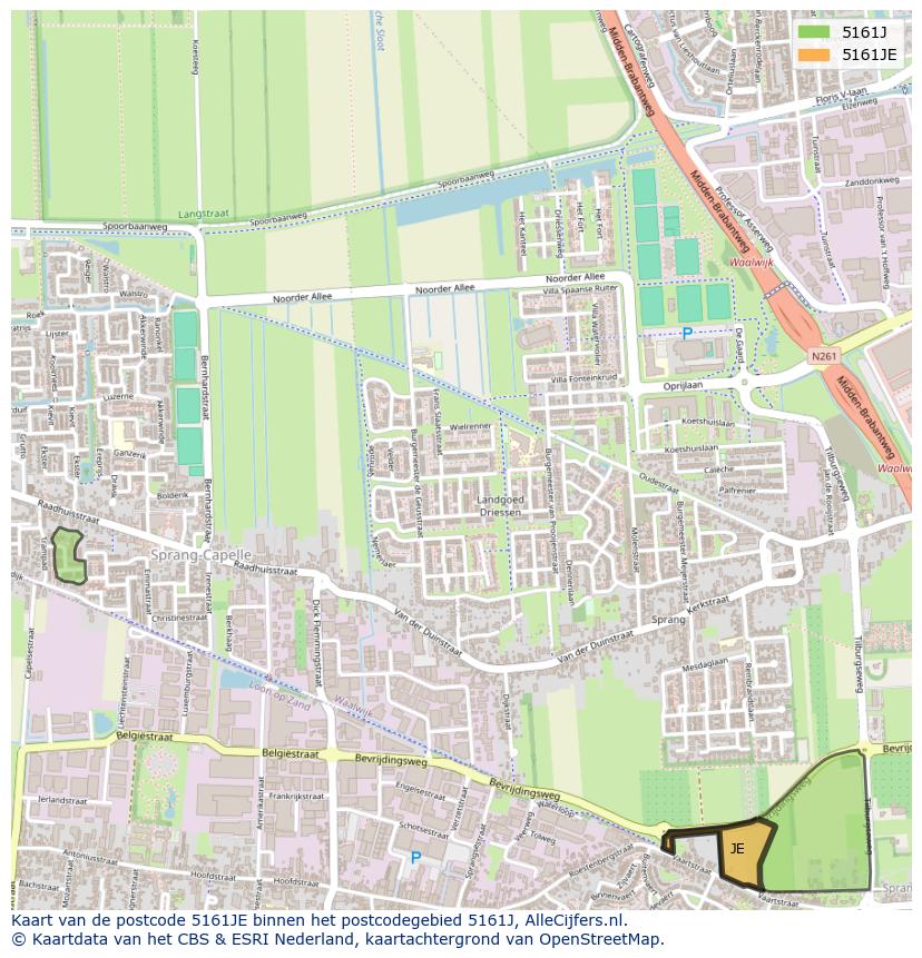 Afbeelding van het postcodegebied 5161 JE op de kaart.