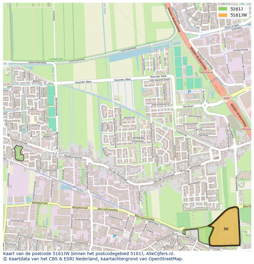 Afbeelding van het postcodegebied 5161 JW op de kaart.