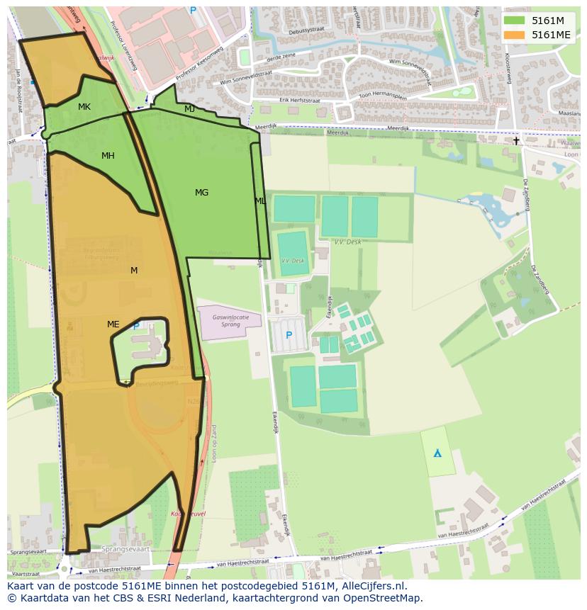 Afbeelding van het postcodegebied 5161 ME op de kaart.