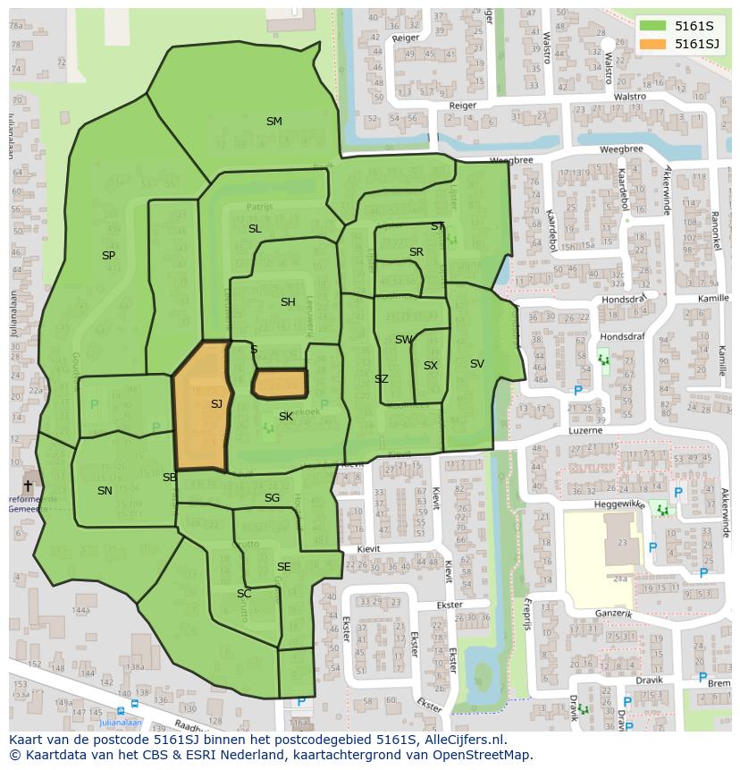Afbeelding van het postcodegebied 5161 SJ op de kaart.