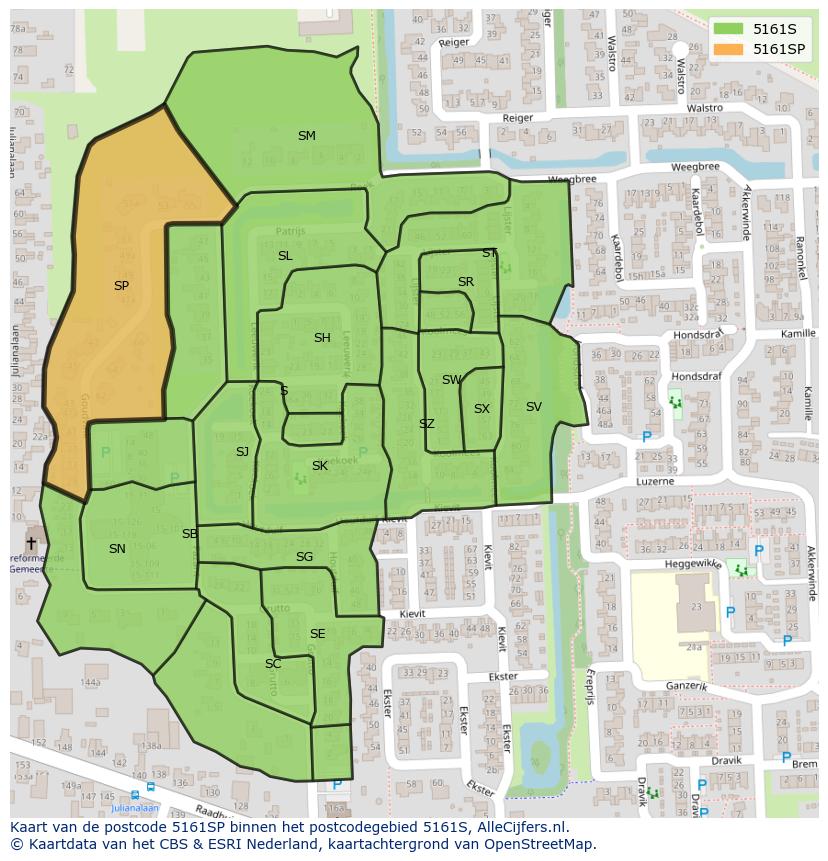 Afbeelding van het postcodegebied 5161 SP op de kaart.