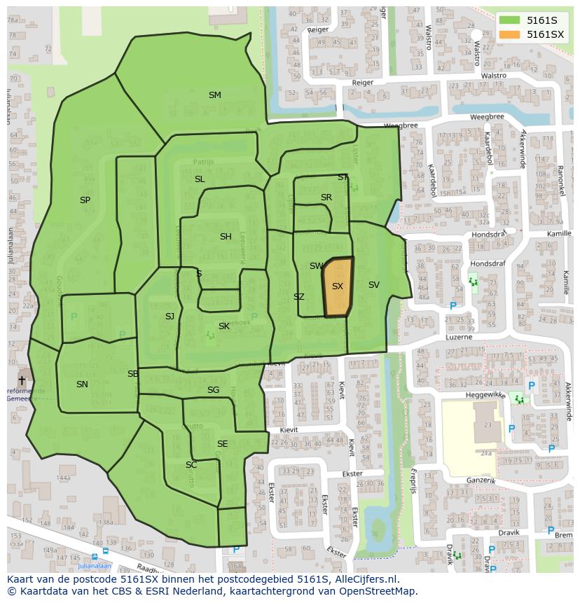 Afbeelding van het postcodegebied 5161 SX op de kaart.