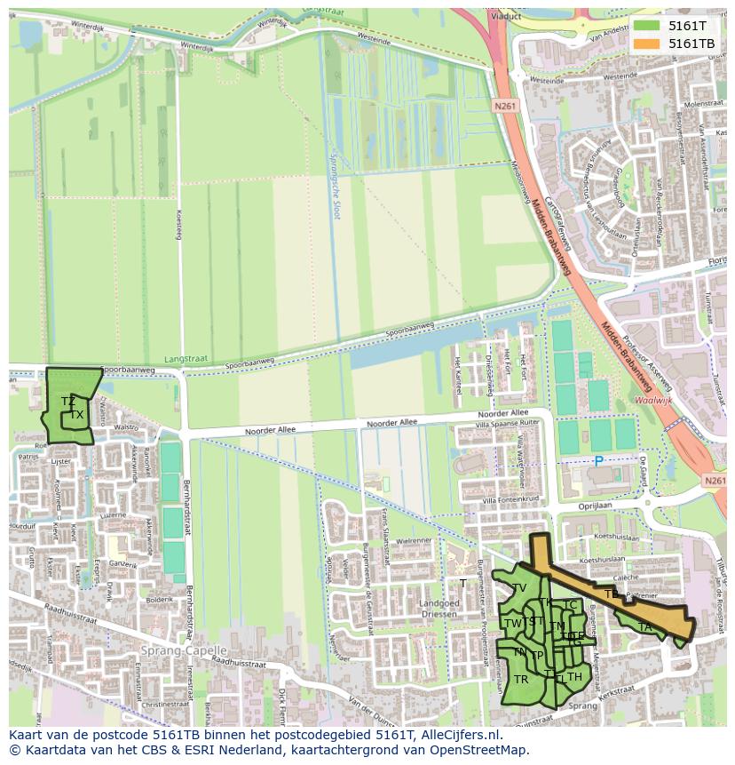 Afbeelding van het postcodegebied 5161 TB op de kaart.
