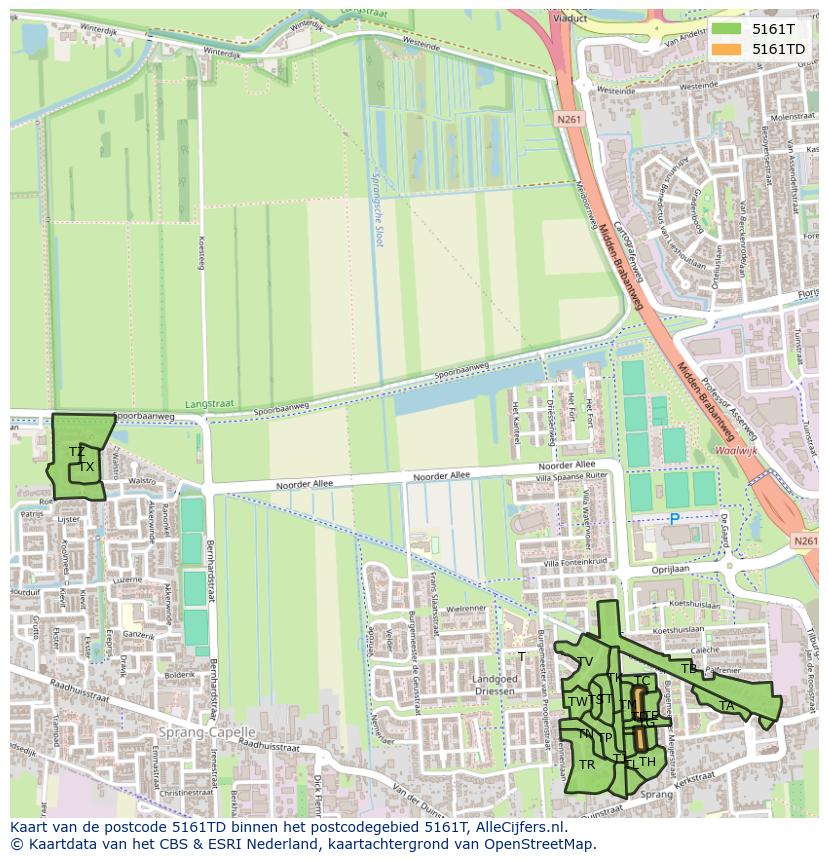 Afbeelding van het postcodegebied 5161 TD op de kaart.