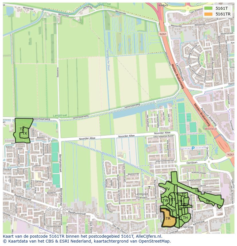 Afbeelding van het postcodegebied 5161 TR op de kaart.