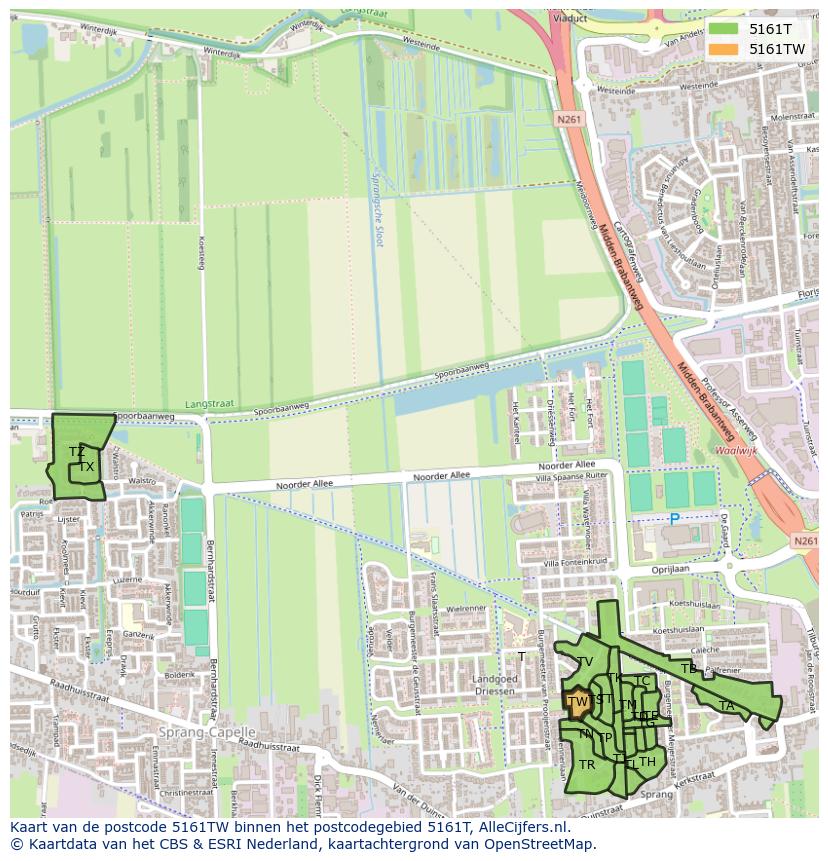 Afbeelding van het postcodegebied 5161 TW op de kaart.