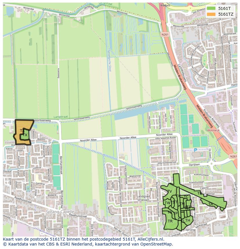 Afbeelding van het postcodegebied 5161 TZ op de kaart.