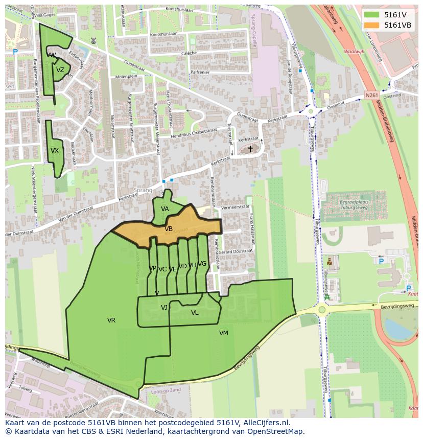 Afbeelding van het postcodegebied 5161 VB op de kaart.