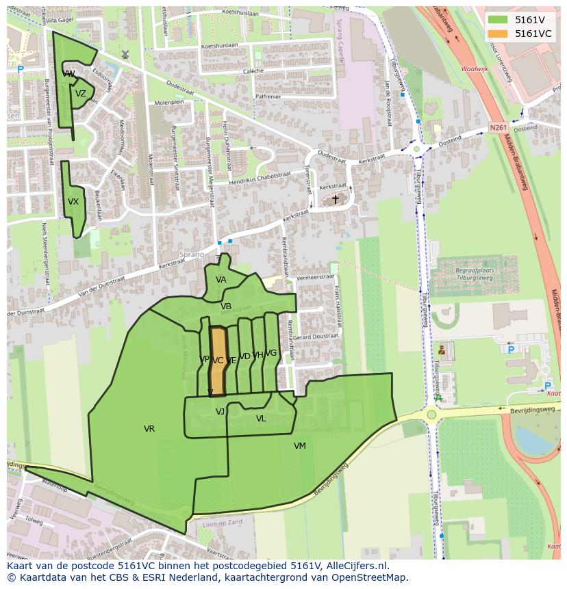 Afbeelding van het postcodegebied 5161 VC op de kaart.