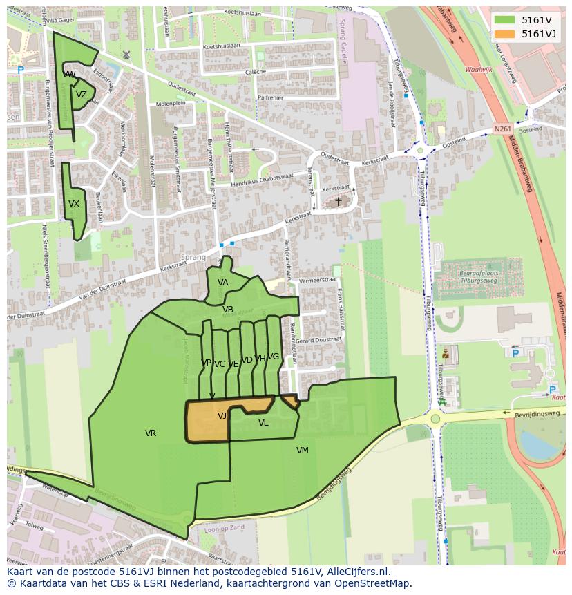 Afbeelding van het postcodegebied 5161 VJ op de kaart.