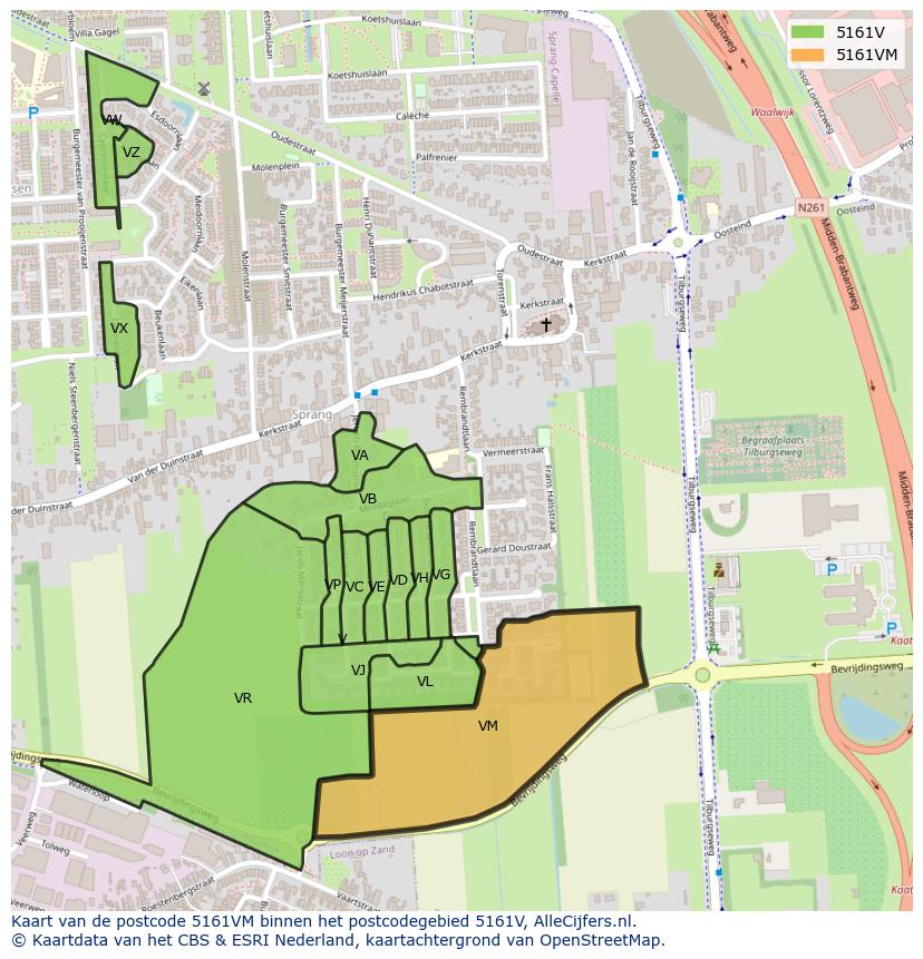 Afbeelding van het postcodegebied 5161 VM op de kaart.