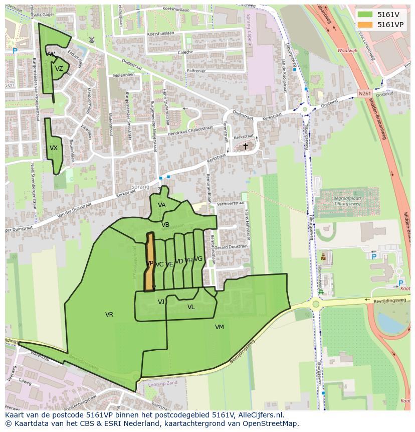 Afbeelding van het postcodegebied 5161 VP op de kaart.