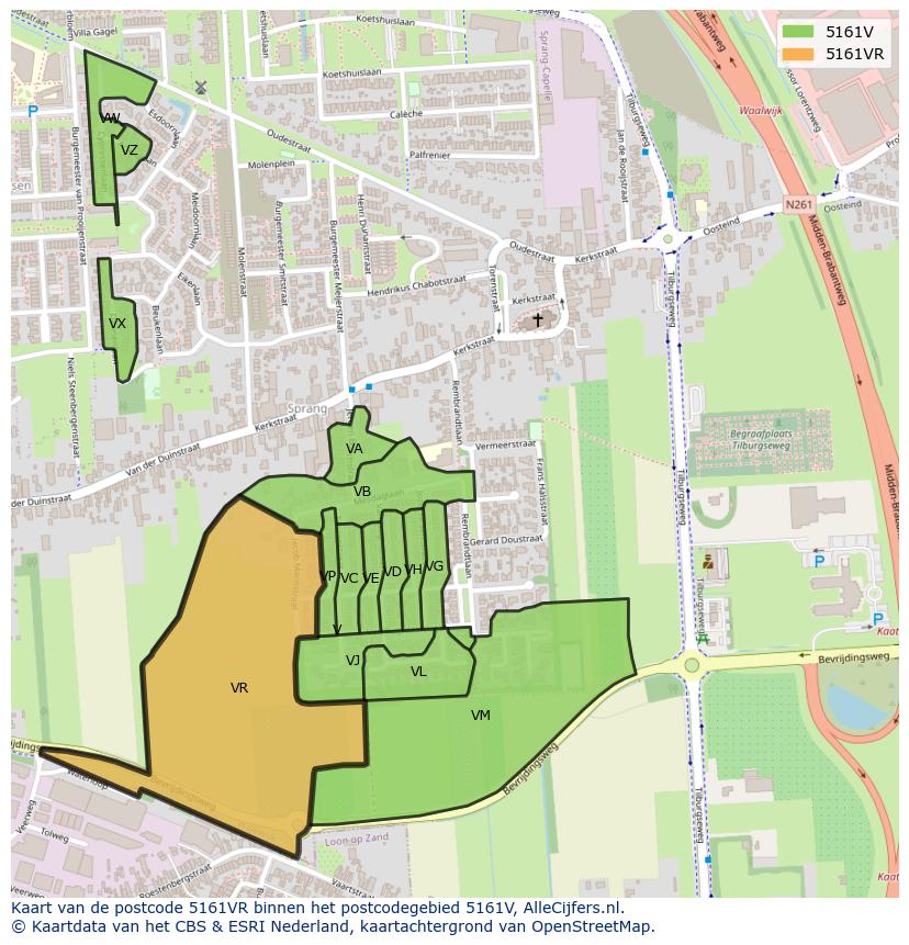 Afbeelding van het postcodegebied 5161 VR op de kaart.