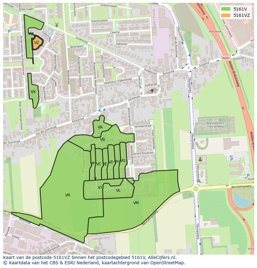 Afbeelding van het postcodegebied 5161 VZ op de kaart.