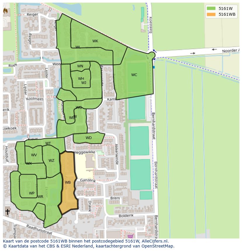 Afbeelding van het postcodegebied 5161 WB op de kaart.