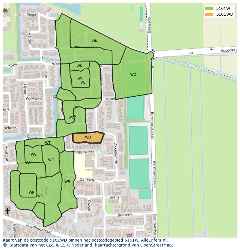 Afbeelding van het postcodegebied 5161 WD op de kaart.