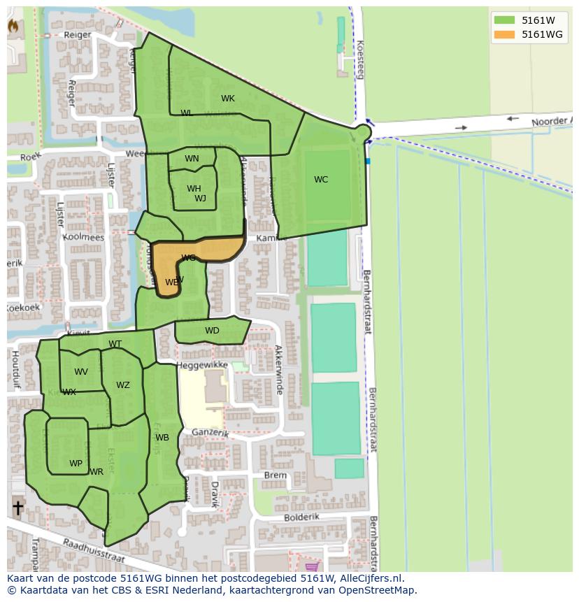Afbeelding van het postcodegebied 5161 WG op de kaart.