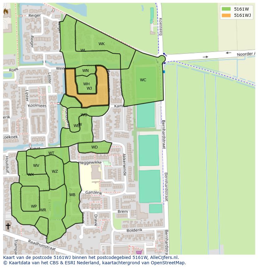 Afbeelding van het postcodegebied 5161 WJ op de kaart.