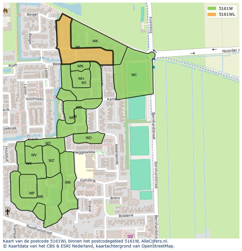 Afbeelding van het postcodegebied 5161 WL op de kaart.