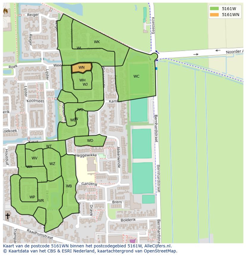 Afbeelding van het postcodegebied 5161 WN op de kaart.