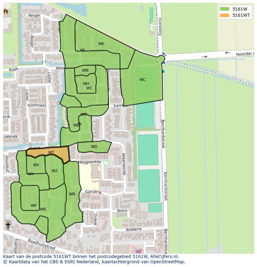 Afbeelding van het postcodegebied 5161 WT op de kaart.