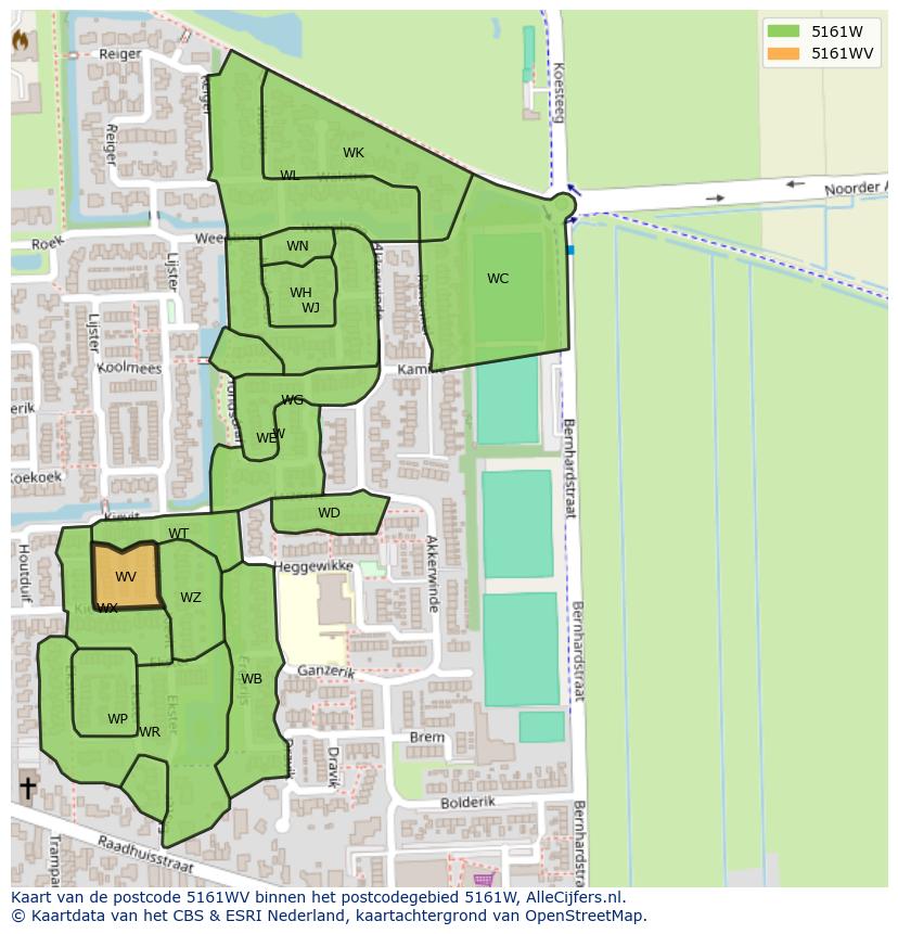 Afbeelding van het postcodegebied 5161 WV op de kaart.