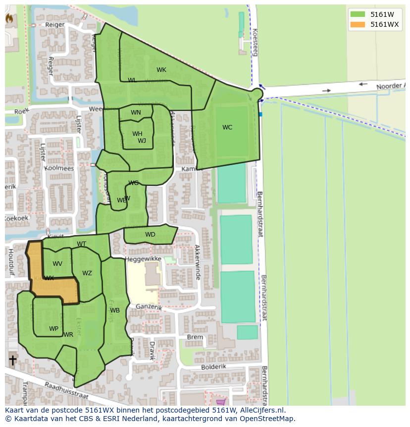 Afbeelding van het postcodegebied 5161 WX op de kaart.