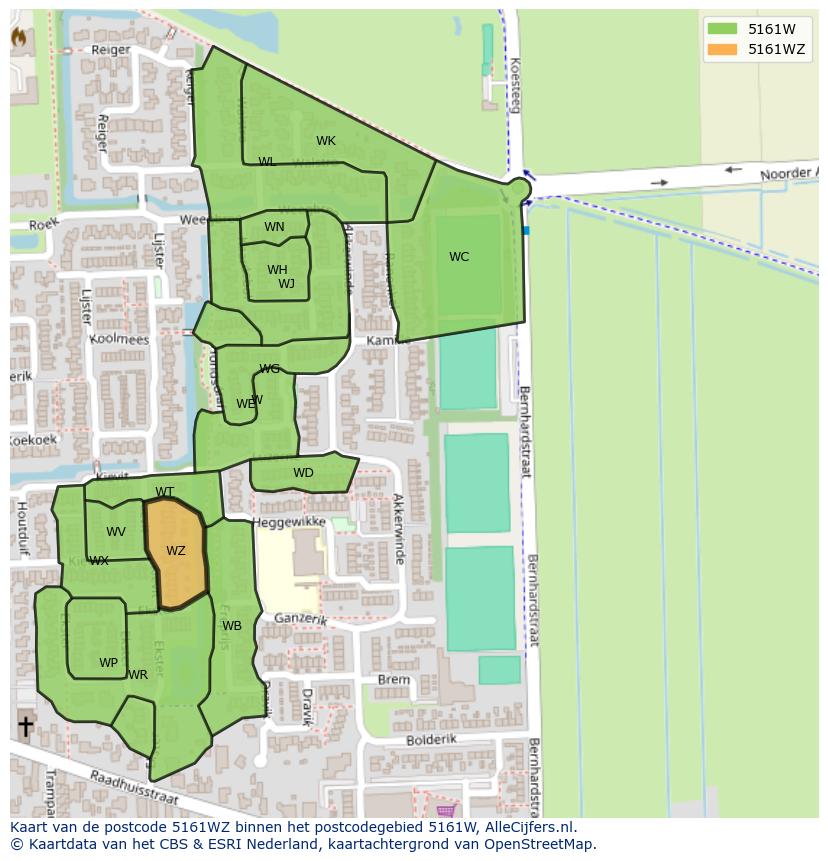 Afbeelding van het postcodegebied 5161 WZ op de kaart.