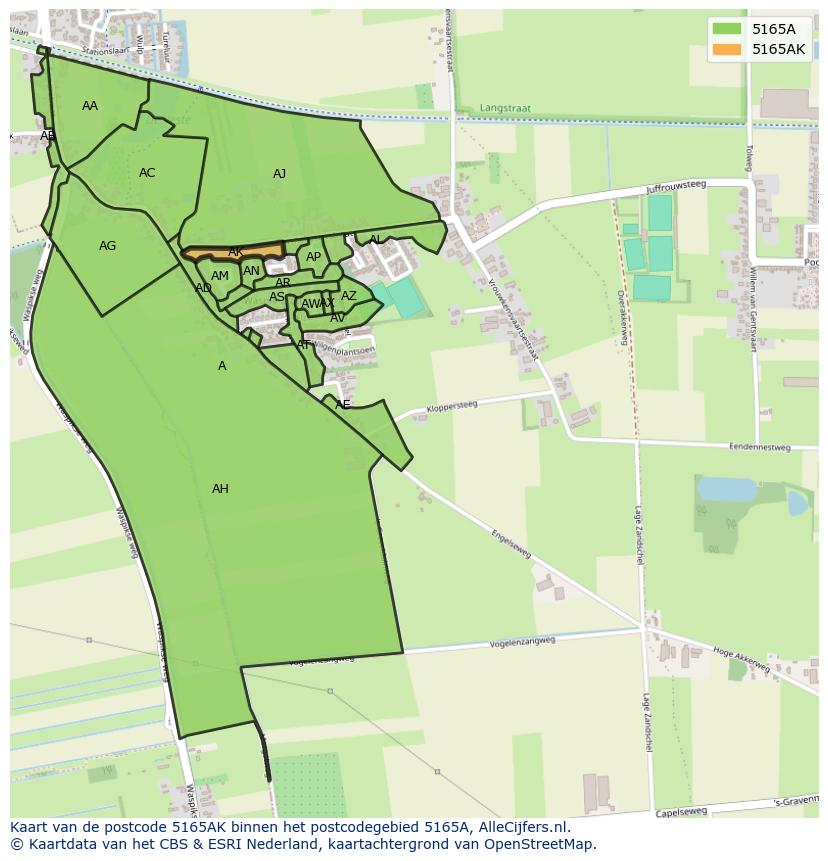 Afbeelding van het postcodegebied 5165 AK op de kaart.