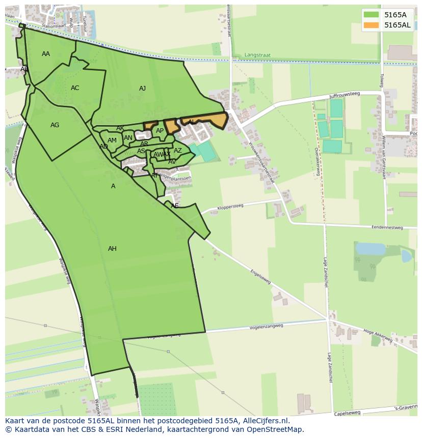 Afbeelding van het postcodegebied 5165 AL op de kaart.