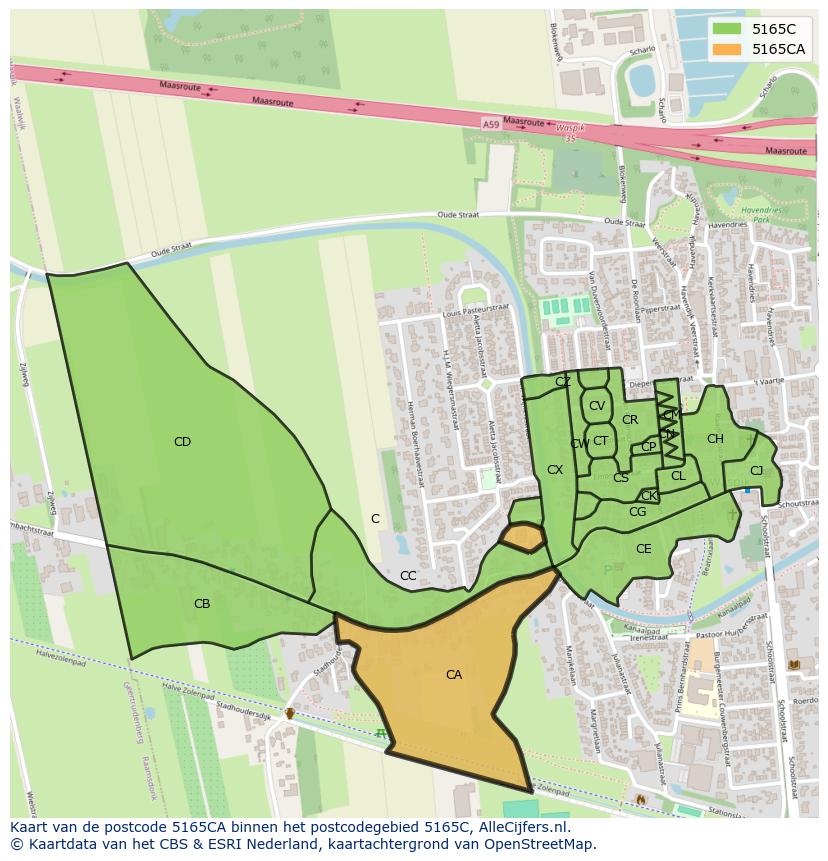 Afbeelding van het postcodegebied 5165 CA op de kaart.