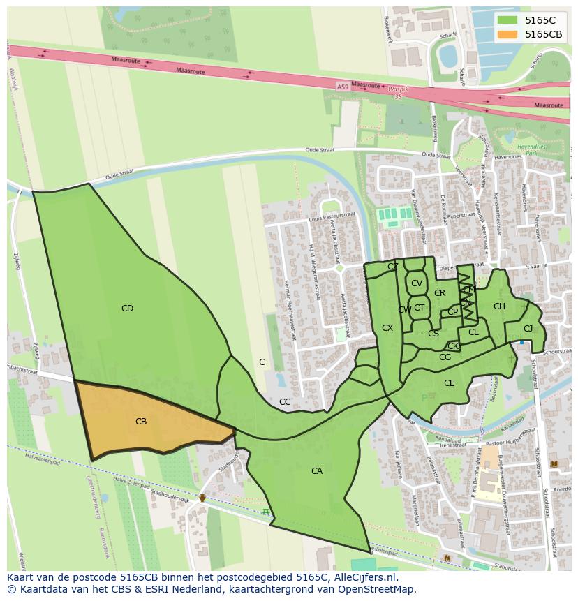 Afbeelding van het postcodegebied 5165 CB op de kaart.