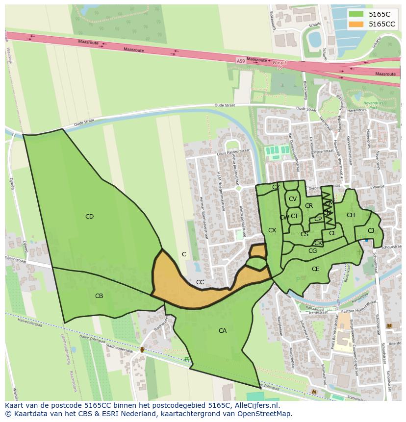 Afbeelding van het postcodegebied 5165 CC op de kaart.